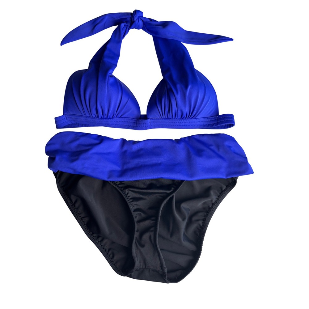 Venus Royal Blue Halter Bikini Black Fold Over Bottoms Size 10 Top B Color Block